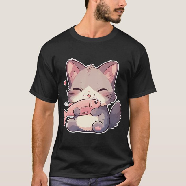 Camiseta Gato kawaii com peixe (Frente)
