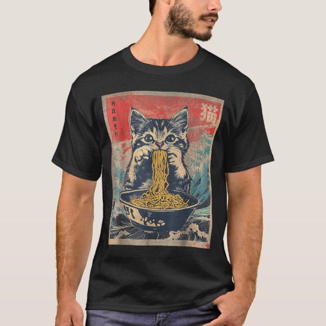 Camiseta Gato Kawaii Comendo Macarrão Ramen Presente Divert (Frente)