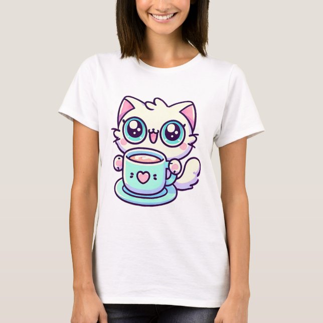 Camiseta Gato Kawaii de Olhos Grandes com Teacup Cute (Frente)