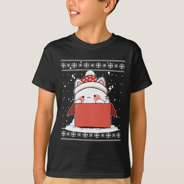 Camiseta Gato Kawaii Em Uma Caixa De Natal Ensinando Adoles (Frente)