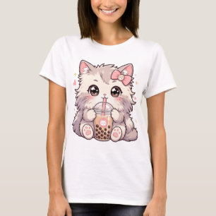Camiseta Gato Kawaii Fofinho Bebendo Chá de Bolhas