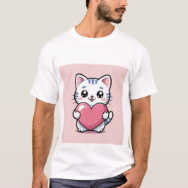 Camiseta Gato Kawaii Fofo Abraçando Coração Rosa Gigante Ad