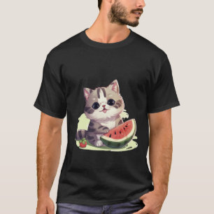 Camiseta Gato Kawaii Fofo com Melancia Arte de Verão ✨🐾🍉