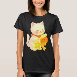 Camiseta Gato Kawaii Maneki Neko com Decoração de Peixe e E