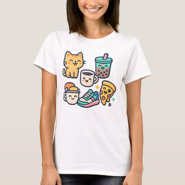 Camiseta Gato Kawaii, Pizza, Chá e Café - Divertido (Frente)