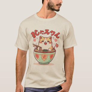 Camiseta Gato Kawaii Ramen Arte Retro Japonês de Macarrão