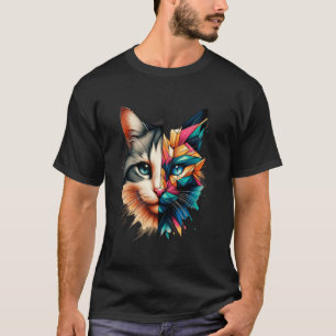 Camiseta Gato Kit Colorido Abstrato Meio Rosto Geometria Fo
