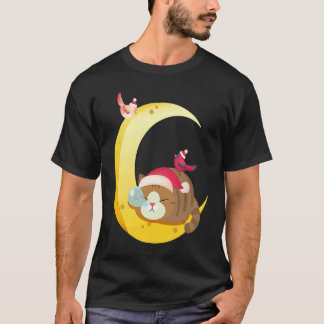 Camiseta Gato Kitten Adormecido Lua Pássaro Feriado