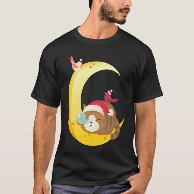 Camiseta Gato Kitten Adormecido Lua Pássaro Feriado (Frente)