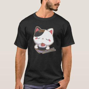 Camiseta Gato Kitty Comendo Sushi Japonês Maki Hashis