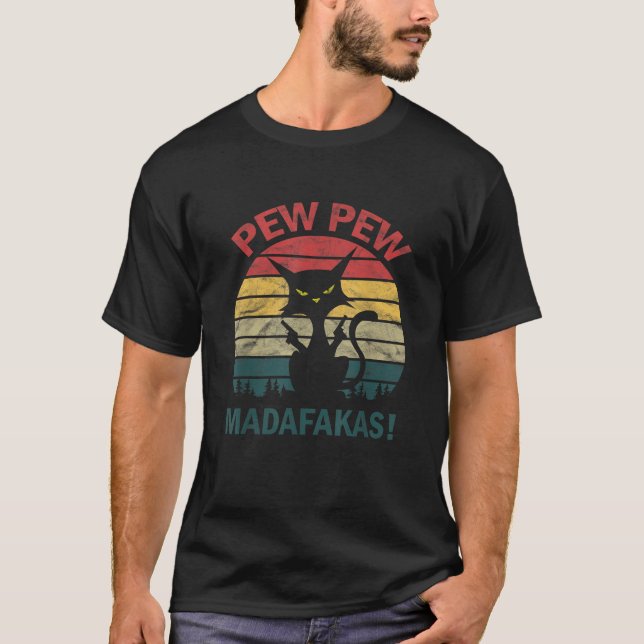 Camiseta Gato Kitty Preto Engraçado Louco Pew Pew Madafakas (Frente)