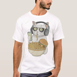 Camiseta Gato Lanche Legal com Fones de Ouvido .