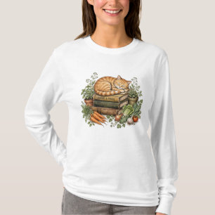 Camiseta Gato Laranja Aconchegante Dormindo sobre Livros
