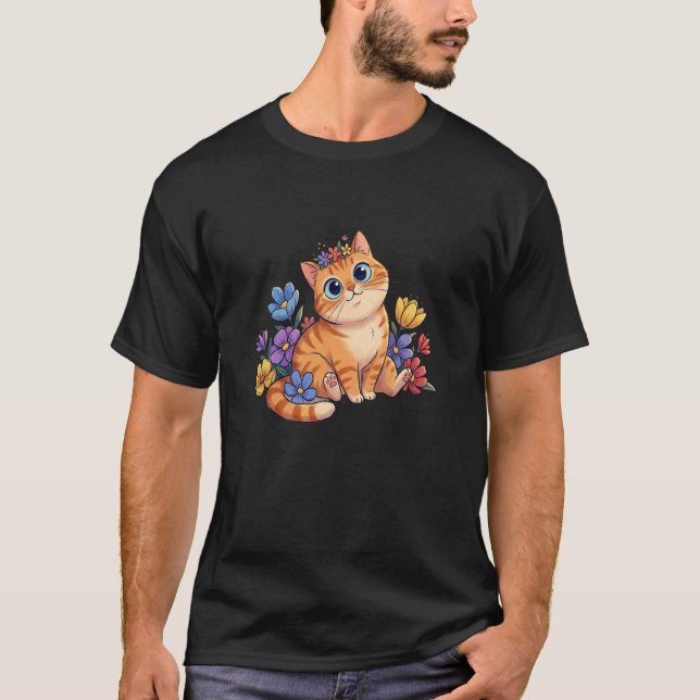 Camiseta Gato Laranja Adorável com Flores Coloridas (Frente)