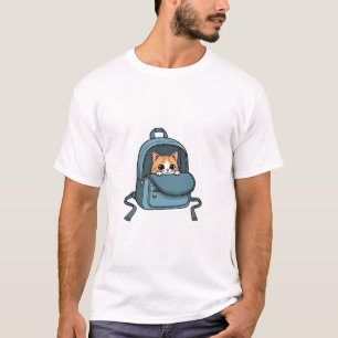 Camiseta Gato Laranja Atraente Espiando da Mochila Azul