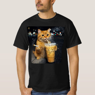 Camiseta gato laranja bebendo café gelado fumando cigarros