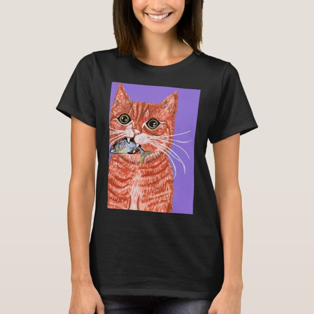 Camiseta Gato Laranja com Peixe na Boca (Frente)