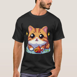 Camiseta Gato laranja com pixelart de peixe