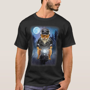 Camiseta Gato Laranja de Motoqueiro Andando de Motocicleta,