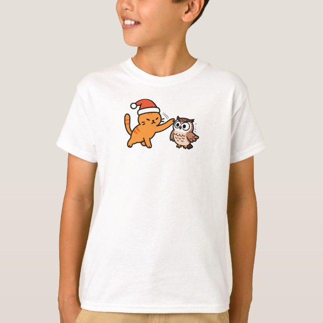 Camiseta Gato Laranja de Natal e Coruja (Frente)