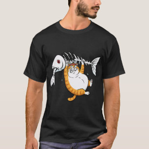 Camiseta Gato Laranja Divertido Carregando Esqueleto de Pei