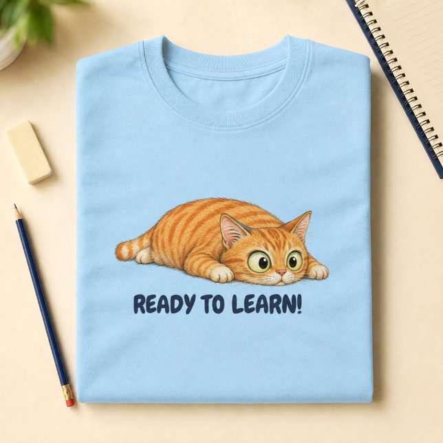 Camiseta Gato Laranja Engraçado Pronto para Aprender Volta  (Funny Orange Cat Ready to Learn Back to School T-Shirt)
