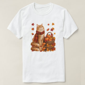 Camiseta Gato Laranja Fofo Cachecol de Outono Cesta de Abób