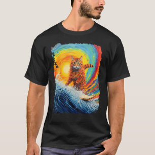 Camiseta Gato Laranja Gengibre Arte Pop Surfista Arco-íris