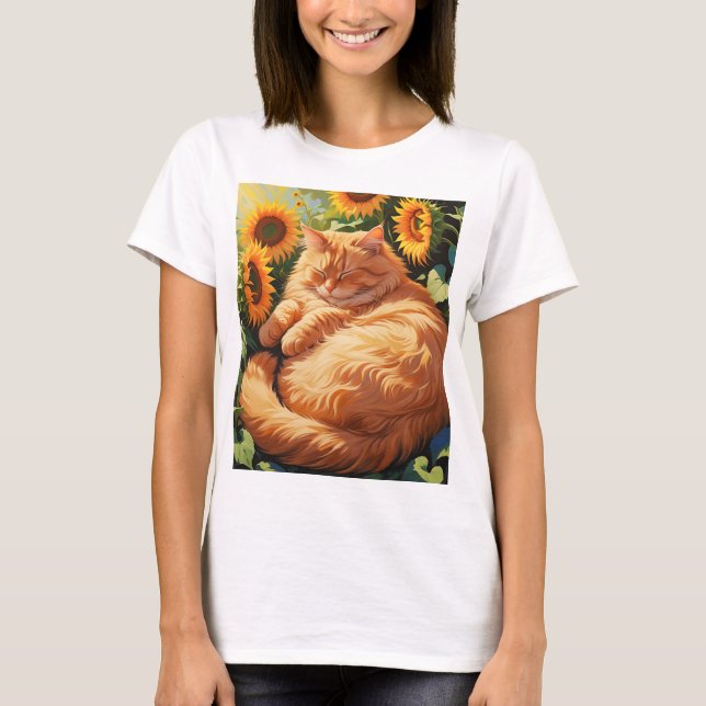 Camiseta Gato Laranja Gordo Sonolento com Girassóis (Frente)