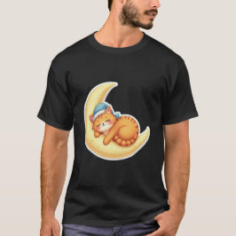 Camiseta Gato Laranja Kawaii Dormindo na Lua Crescente
