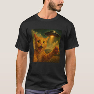 Camiseta Gato Laranja Selfie Com OVNI Alien Divertido Gato