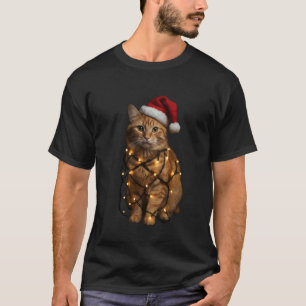 Camiseta Gato Laranja Tabby Luzes de Natal Funny Santa Holi