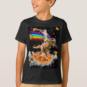 Camiseta Gato laser de galáxia no dinossauro na Pizza com T
