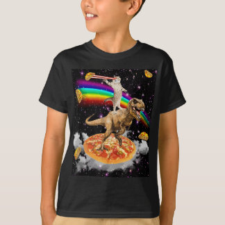 Camiseta Gato laser de galáxia no dinossauro na Pizza com T