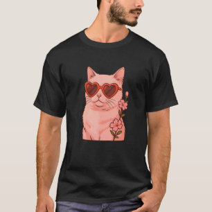 Camiseta Gato Legal com Óculos de Coração Estilo Floral Fof