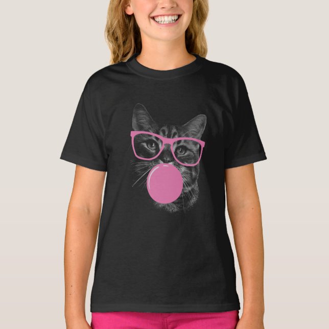 Camiseta Gato legal com Óculos Rosa e Goma-Bolha (Frente)