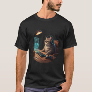 Camiseta Gato Listrado Jogador Controle de Haste Teclado Ga