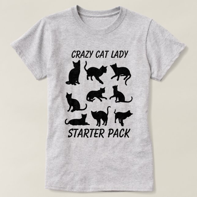 Camiseta "Gato Louco Lady Starter Pack" com três gatos (Frente do Design)