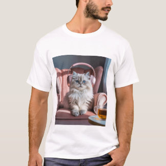 Camiseta Gato Louco Víbias - Gato Persa Bonito Ouvindo Mus