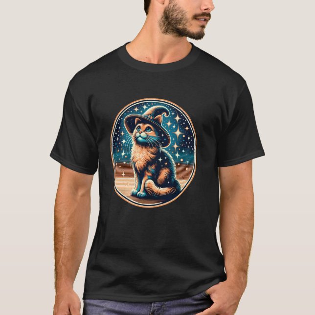 Camiseta Gato Mágico com Elementos Celestiais Arte 3 (Frente)