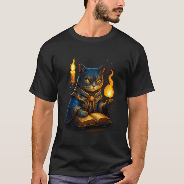 Camiseta Gato Mago Arcano – Feiticeiro de Chamas (Frente)
