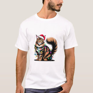 Camiseta Gato Maine Coon Chapéu do Papai Noel Luzes de Nata