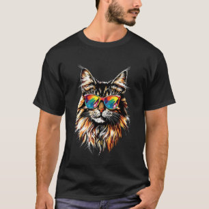 Camiseta Gato Maine Coon com Óculos de Sol Fofo Gato Maine