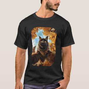 Camiseta Gato Maine Coon Fofo Selfie Folhas de Outono Flore