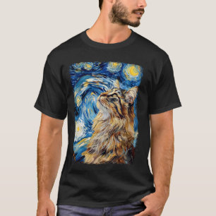 Camiseta Gato Maine Coon Pintura Noite Estrelada