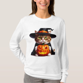 Camiseta Gato Mal-Humorado Bruxo Com Abóbora de Jack O Lant