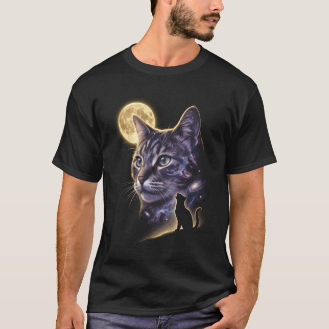 Camiseta Gato Malhado Divertido Celestial Uivando Lua Vinta (Frente)