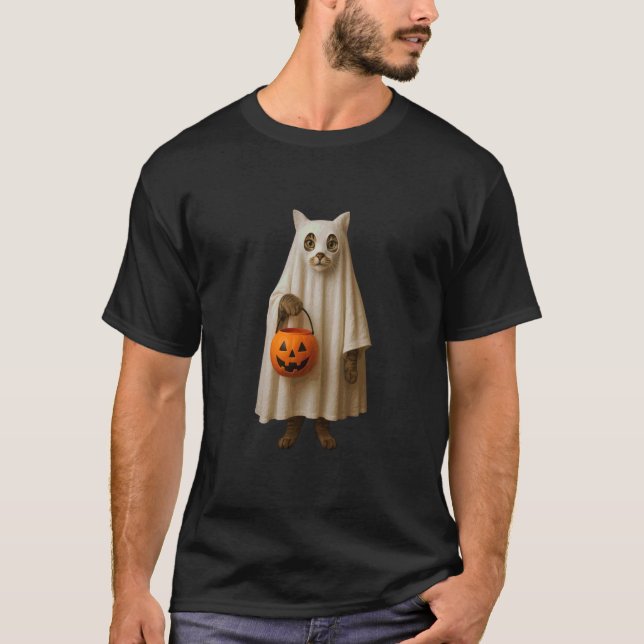 Camiseta Gato Malhado Fantasma Design de Halloween (Frente)