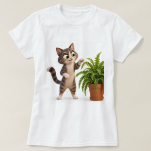 Camiseta Gato Malhado Fofo Brincando Com Planta De