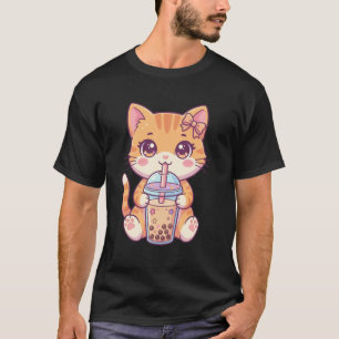 Camiseta Gato Malhado Pastel Fofo Bebendo Arte de Boba Kawa